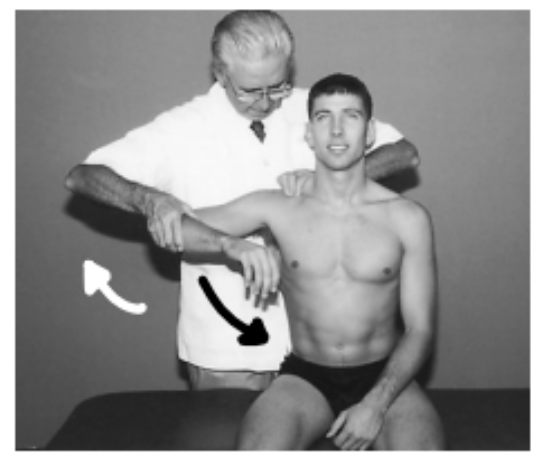 <ol><li><p>patient is seated + you stand behind them</p></li><li><p>compress distal clavical towards AC joint</p></li><li><p>flex 30 + abduct into barrier</p></li><li><p>patient adducts/moves to freedom</p></li></ol><p></p>