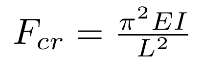 <p>F<sub>cr</sub> = Critical Buckling Load (lbs)</p><p>E = Elastic Modulus (lbs per in<sup>2</sup>)</p><p>I = Inertia (in<sup>4</sup>)</p><p>L = Length of Column (ft)</p><p>pi = 3.14</p>