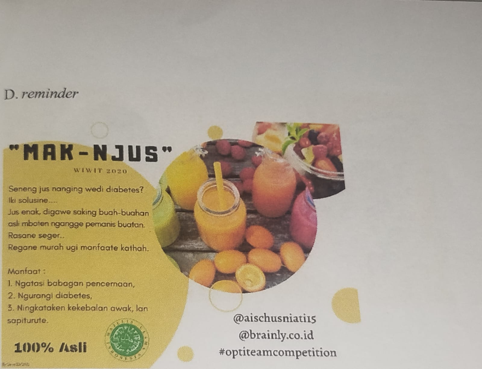 <p>Iklan ing dhuwur kalebu jinising iklan … .</p><p>A. layanan masyarakat</p><p>B. komersial</p><p>C. persuasif</p><p>D. reminder</p>