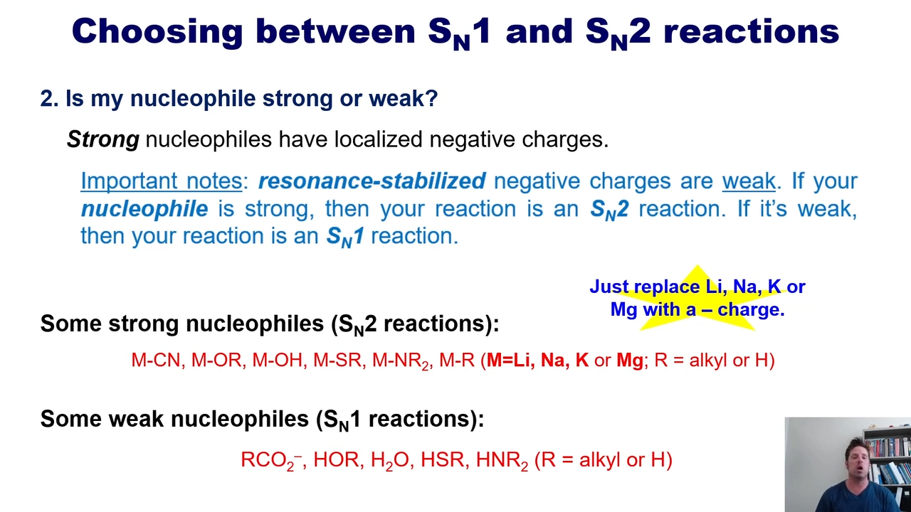 <ol><li><p>what the leaving group is attached to, if its attached to a 3 prime carbon, it is SN1 if it is attached to a 1’ carbon, its SN2, if 2’, it could be either </p></li><li><p>Strong nucleophile (SN2) (metals with NOF), weak nucleophile (SN1)(no metal or resonance stabilization) </p></li></ol><p></p>