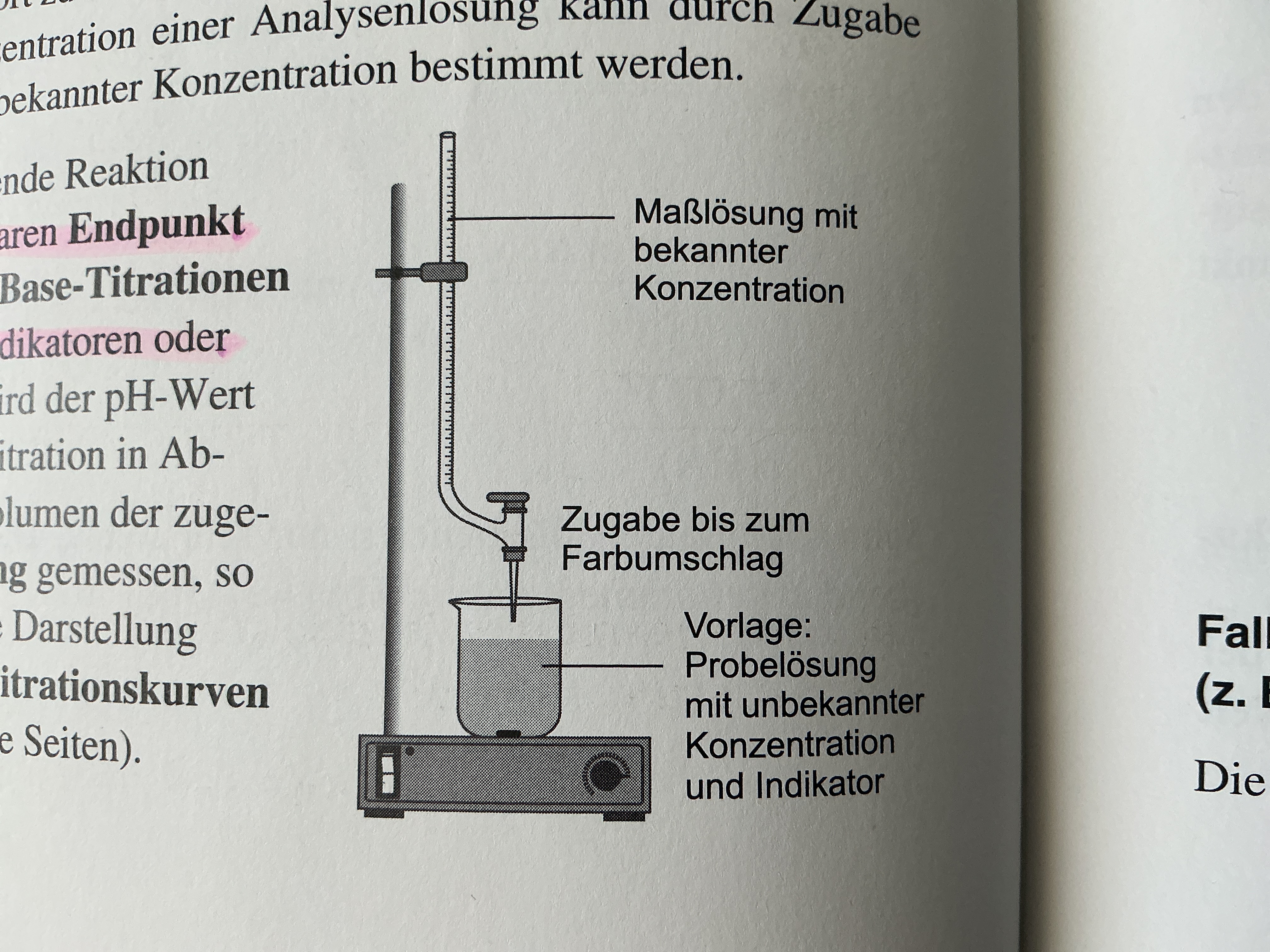 <p>quantitaves Analyseverfahren; unbekannte c kann durch Zugabe Maßlösung bekannter c bestimmt werden</p><ul><li><p>Reaktion muss messbaren Endprodukt haben</p></li><li><p>Säure/Base Titrationen : Indikatoren/pH-Elektroden</p></li></ul><p></p><p>ÄP erreicht wenn Stoffmenge Säure/Base = Stoffmenge Säure/Base in Analyselösung</p><p>→ starke Säure/Base: ÄP bei pH 7 (Neutralisationstitration)</p><p>→ schwache Säure + starke Base: pH-Wert am ÄP größer als 7 (Anionen aus schwachen Säure basisch reagieren</p><p>→ schwache Base+ starke Säure: pH-Wert am ÄP kleiner als 7</p><p></p>
