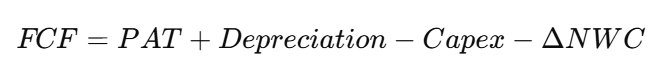<ul><li><p>PAT - profit after tax</p></li><li><p>Capex - capital expenditure</p></li><li><p>ΔNWC - change in net working capital</p></li></ul><p></p>