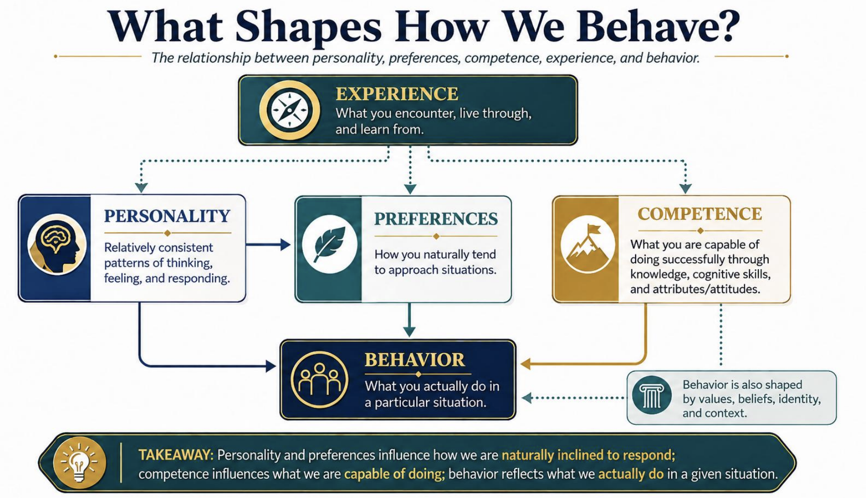 <p><mark data-color="purple" style="background-color: purple; color: inherit;">Experience → 1. Personality 2. Preferences 3. Competence → Behavior</mark></p><p>-Experience: what you encounter, live through, and learn from</p><p>-Personality: relatively consistent patterns of thinking, feeling, and responding</p><ul><li><p>broad; how show up on day-to-day in multiple scenarios</p></li></ul><p>-Preferences: how you naturally tend to approach situations</p><p>-Competence: what you are capable of doing successfully through knowledge, cognitive skills, and attributes/attitudes</p><p>-Behavior: what you actually do in a particular situation</p>