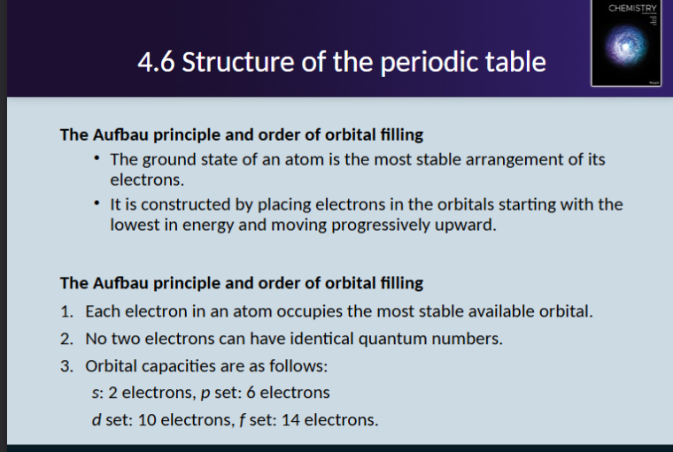<p><span>electrons fill atomic orbitals of the lowest available energy levels before occupying higher energy levels</span></p>