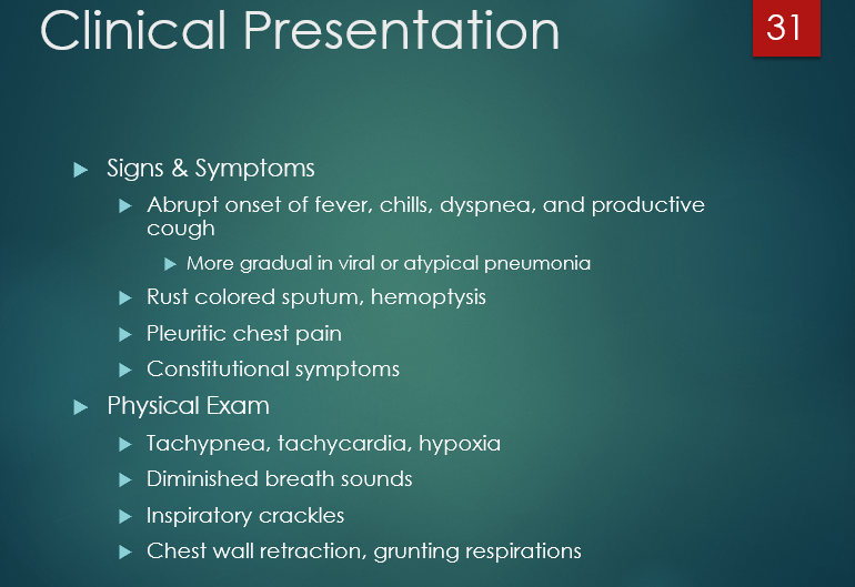 <ul><li><p>tachypena, tachycardia, hypoxia</p></li><li><p>inspiratory crackles, diminished breath souds</p></li><li><p>chest wall retraction</p></li></ul><p></p>