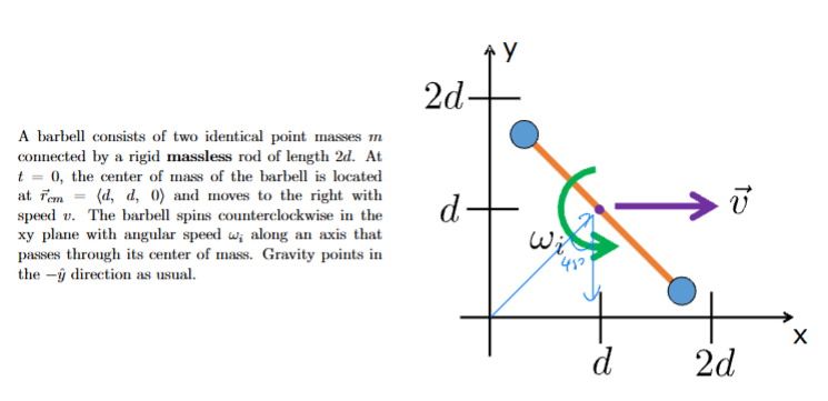 <p>Determine the rotational angular momentum Lrot of the barbell.</p>