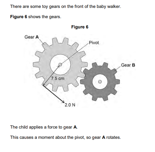 <p>2024: Explain what happens to gear B when a child applies a force to gear A (2)</p>