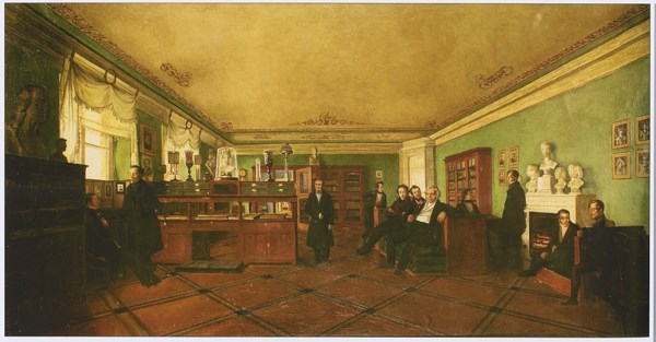 <p><em>Михайлов, Мокрицкий и другие художники школы Венецианова</em><span>. Субботнее собрание у В.&nbsp;А.&nbsp;Жуковского. </span><em>1834—1836&nbsp;годы. На картине изображён большой кабинет Жуковского в Шепелевском дворце, присутствуют Пушкин, Гоголь, Глинка, Крылов и другие</em><span>.</span></p>