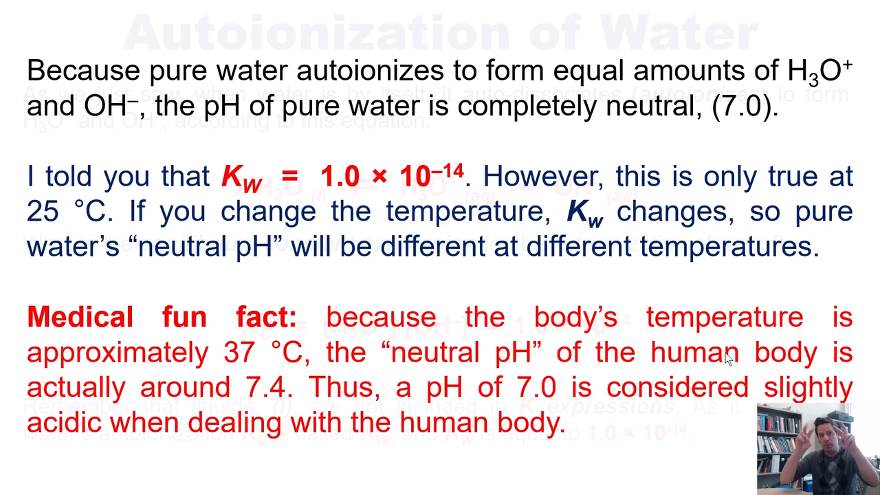 <p>it changes ph, as kw changes with temp </p>