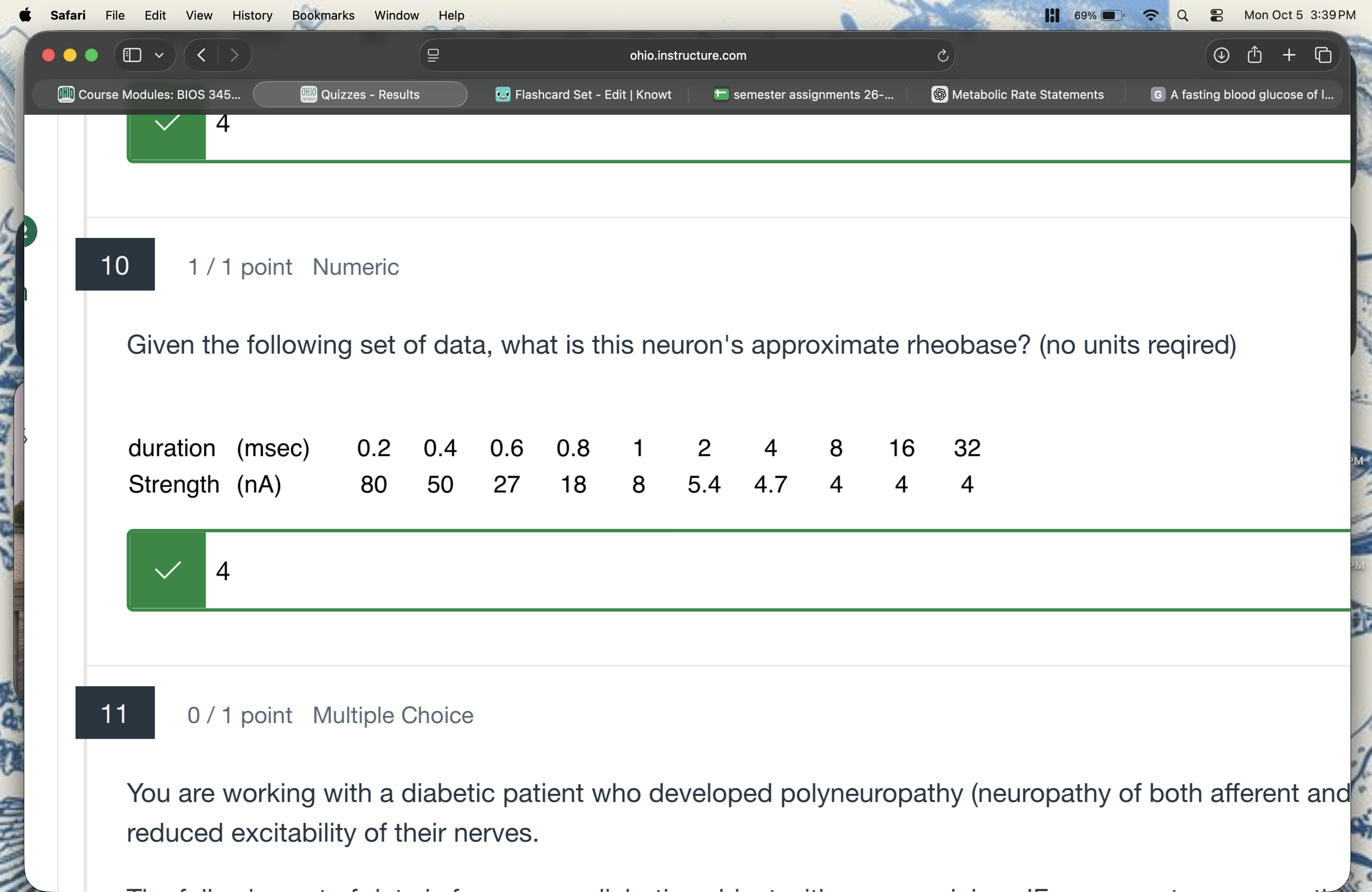 <p><span>Given the following set of data, what is this neuron's approximate rheobase?</span></p>