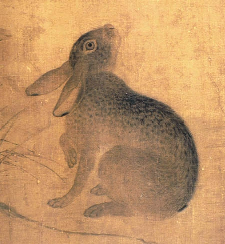 <p>Note the fine and brushwork on the rabbit, in contrast to the weeds pointing to it. Crafty hare is gazing up at the magpie as it attempts to go into its territory.</p>