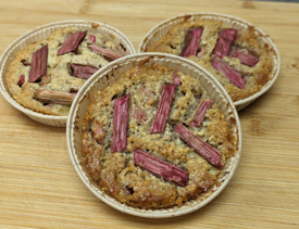 <p>Dense and only lightly sweet almond cake studded and decorated with rhubarb</p>