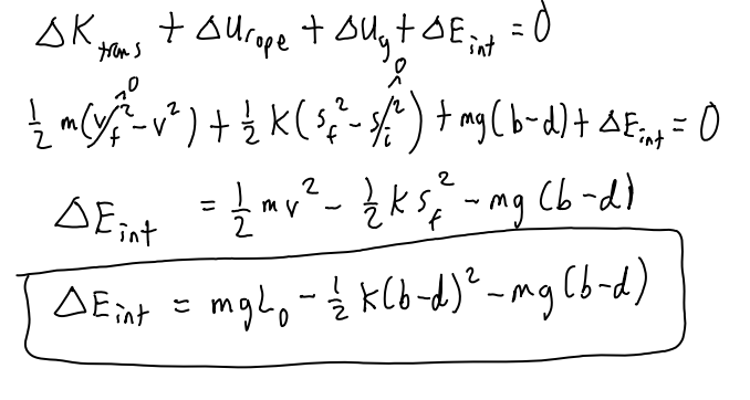 <p>set total delta E of the system to delta K,U,spring,and internal energy, then single out delta int on one side. no external energy so all of these energy changes equal to zero.</p>