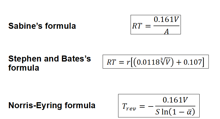 <p>Sabine Assumptions: sound equally distributed, low absorption</p><p>Con - if large absorption then overestimates RT</p><p></p><p>Norris - log term allows for higher coefficients</p><p>shows sound doesnt decay linearly</p>