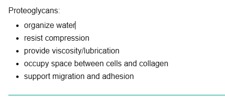 <p>organize water, resist compression, provide viscosity/lubrication</p>