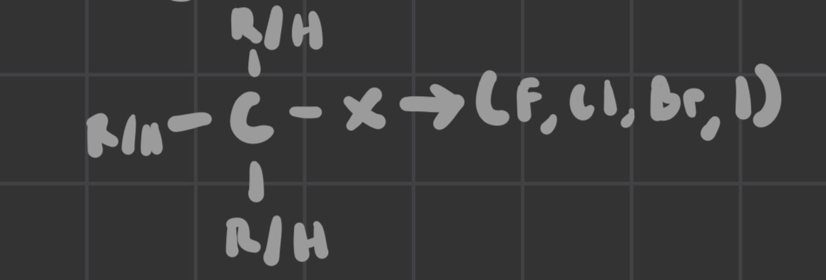 <p>carbon surrounded by 3 R/H and 1 X (F, Cl, Br, I)</p>