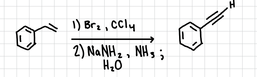 <p>Will turn an alkene into an alkyne</p><p>Reagents: 1) Br2, CCl4  2) NaNH2,NH3; H2O </p>