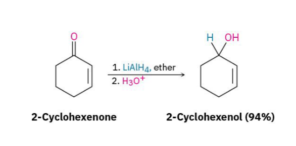 <p>Much <strong>stronger </strong>than NaBH4, it <strong>reduces</strong>:</p><ul><li><p>Aldehydes</p></li><li><p>Ketones</p></li><li><p>Esters</p></li><li><p>Carboxylic Acids</p></li></ul><p>Still does not reduce C=c, you would need H2/Pd for that.</p>