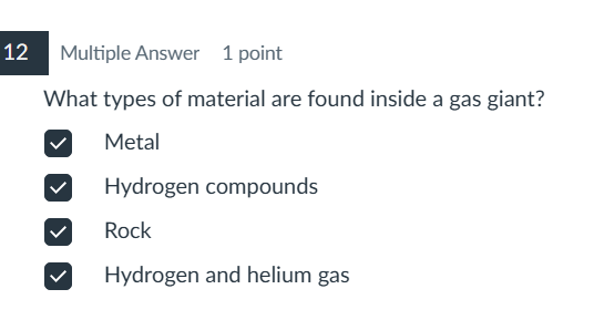 <p>What types of material are found within a Gas Giant?</p>