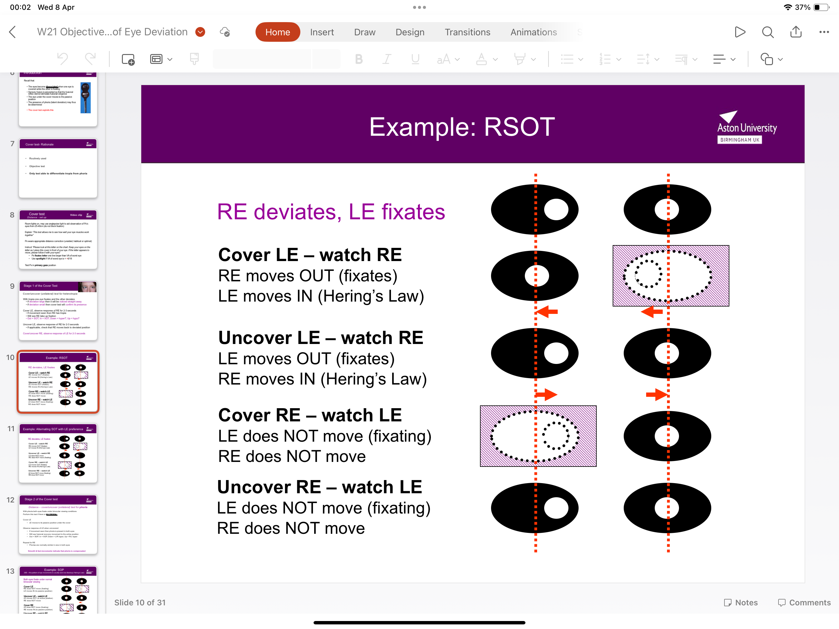 <p>Cover/uncover unilateral test for heterotropia- covering the non-deviated eye prompts the deviated eye to move centrally</p>