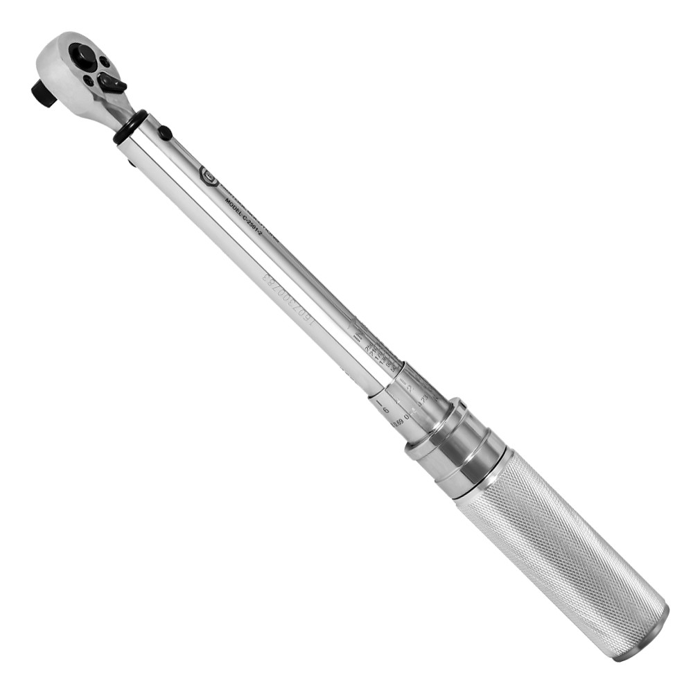 <p>Precision hand tool with long metal handle, ratcheting or beam-style head, and 1/4", 3/8", 1/2", or 3/4" drive used to tighten fasteners to a specified torque.</p>
