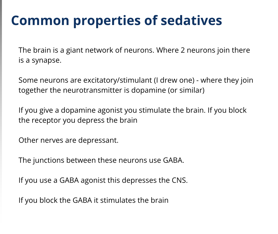 <ul><li><p>Dissolved in the blood</p></li><li><p>Cross the blood brain barrier</p></li><li><p>Act on receptors in the synapse </p></li></ul><p></p><p>Sedatives depress brain areas that make you awake and alert by blocking dopamine</p><p>And/or enhance the action of receptors that depress the nervous system by activating GABA </p><p></p><p></p>