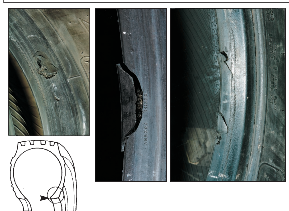 <p>Bead toe rubber torn or cut, wire or fabric exposed. Cause: poor mounting/demounting technique, bad lubrication, forklift damage, or rough handling.</p>