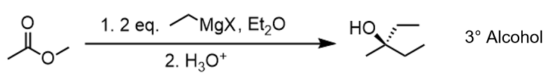 <p>Makes 3° alcohol @ carbonyl, other O disappears</p>