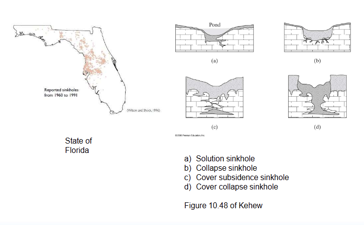 <p><strong>Sinkhole:</strong> circular area of subsidence caused by</p><p>collapse into subterranean void</p><p>• Occur typically in soluble sedimentary rocks</p><p>      • Example: limestone</p><p></p><p>• Diameter ≈ tens of metres</p><p></p><p>_______________________________________________________________</p><p></p><p><strong>Cover subsidence (as seen in diagram)</strong></p>
