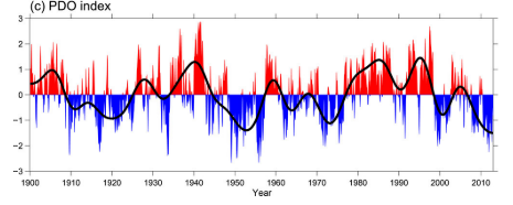 <ul><li><p>Recurring climate event centred in the Pacific, over period of 20 to 30 years</p></li><li><p>Horse shape around the Pacific and the equatorial region</p></li><li><p>Positive = warm phase</p></li><li><p>Negative = cold phase</p></li><li><p>Phase identified by longer-term average of PDO Index </p></li><li><p>Teleconection</p></li></ul><p></p>