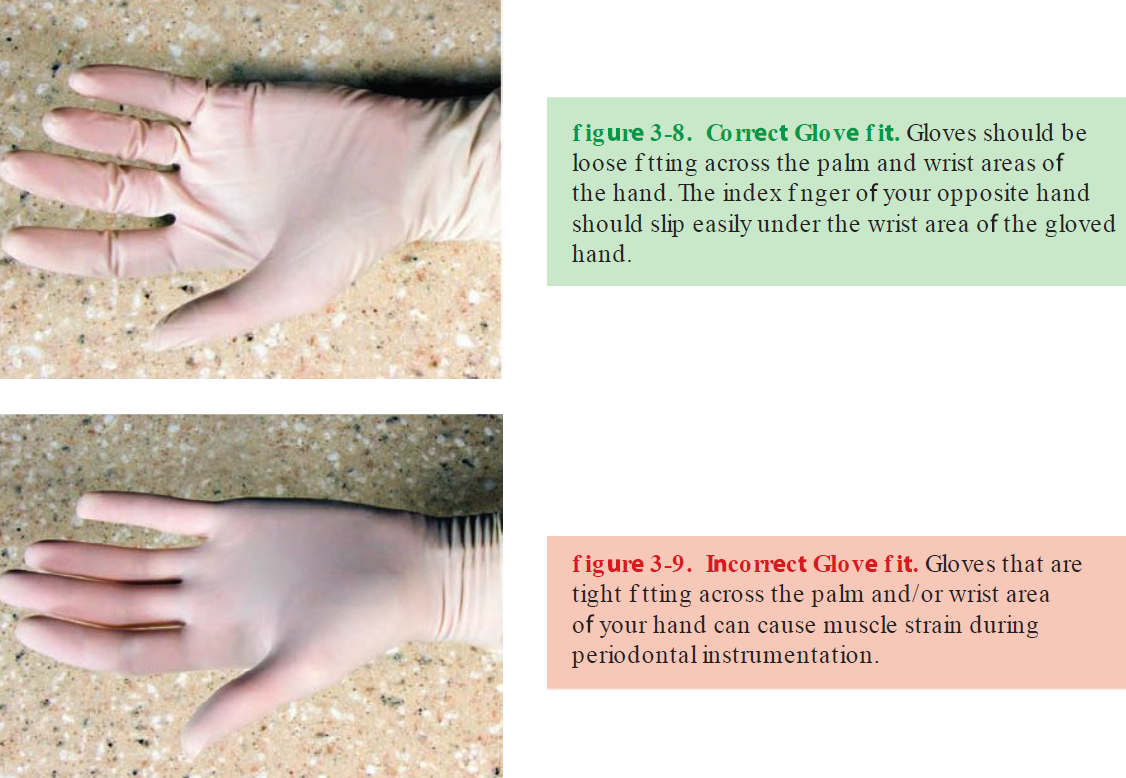 <ul><li><p>Loose fitting across palm and wrist</p></li><li><p>Improper fitting gloves = surgical glove induced injury = MSD </p></li><li><p>Best to wear right and left fitted gloves instead of ambidextrous gloves</p></li><li><p>Tight ambidextrous gloves = hand pain </p></li><li><p>Thin gloves = more tactile sensitivity and touch perception</p></li><li><p>Nitrile gloves = More grip function than latex</p></li></ul><p></p>