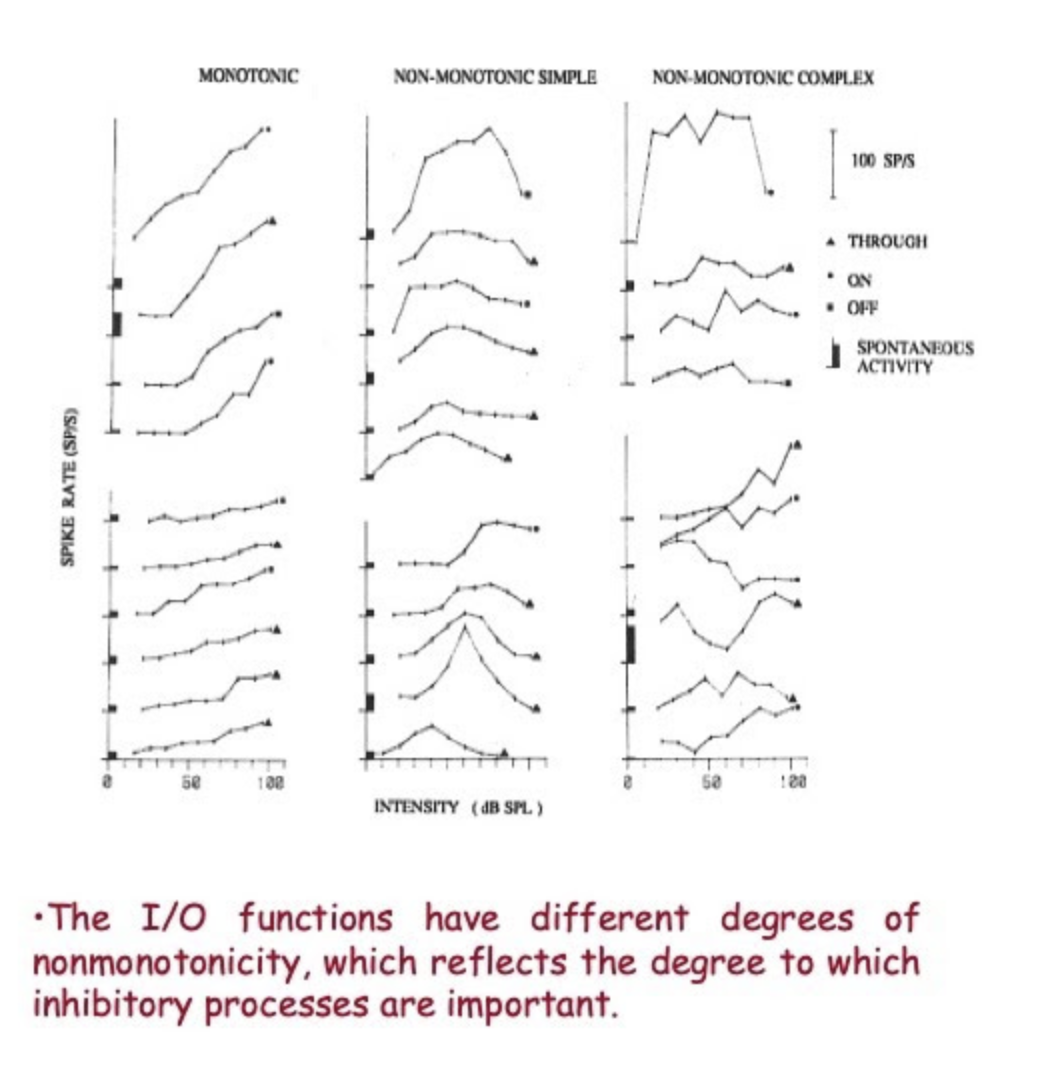 <ul><li><p><strong>What is Inhibition:</strong> Input that results in <strong>"less spikes"</strong>. It makes responses of a cell <strong>"more complicated or enhanced"</strong>.</p></li><li><p><strong>Impact on I/O Functions:</strong> Creates <strong>"non-monotonic"</strong> functions (slope increases and then decreases) and results in cells with a <strong>"best intensity"</strong>.</p></li><li><p><strong>Impact on Receptive Fields:</strong> Produces <strong>"more highly ‘tuned’ responses to frequency"</strong> and <strong>"specialized response patterns"</strong>.</p></li><li><p><strong>Examples of Inhibitory Effects:</strong></p><ul><li><p><strong>Tuning:</strong> Creates <strong>"narrow tuning curves without a tail"</strong> or <strong>"closed"</strong> response areas.</p></li><li><p><strong>PSTH Patterns:</strong> Reflected in <strong>"Off" units</strong>, <strong>"late" units</strong>, and <strong>"suppressed" units</strong></p></li></ul></li></ul><p></p>