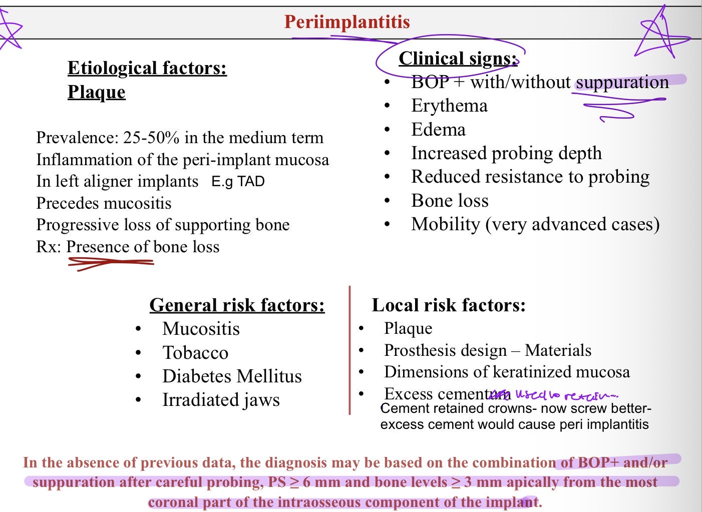 <p>25-50% medium term</p><p>Progressive loss of bone</p><p>BOP with SUPPURATION</p>
