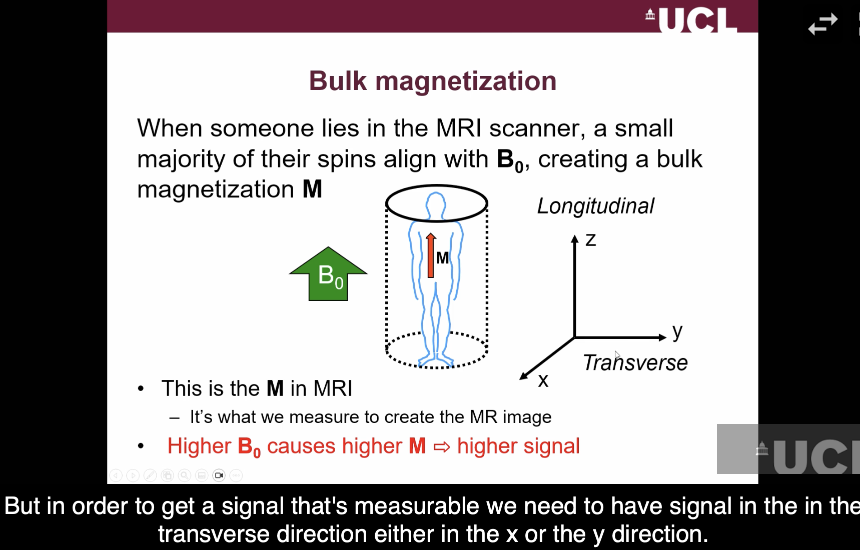 <p>magnetisation = vector </p><p>B0 = longitudinal axis ( Z direction)</p><p>transverse directions = X + Y</p>