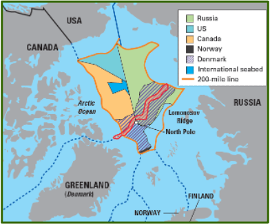 <p>National boundaries have yet to be determined in much of the Arctic Ocean basin. There is an increased urgency for Canada to acquire territory and declare sovereignty of it as the ice sheet continues to melt. </p><p>Multiple countries bordering the Arctic ocean have made a claim to a portion. </p>