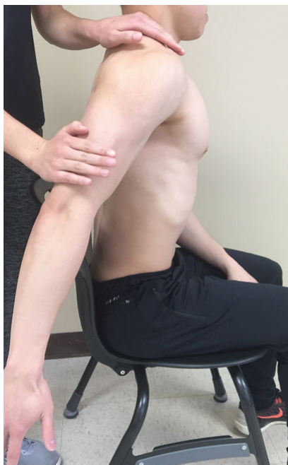 <p>sat w/ arm at side, internally rotated arm. put hands on distal humerus and on shoulder</p><p>“move your arm straight back as far as it will go. keep your palm facing behind you”</p>