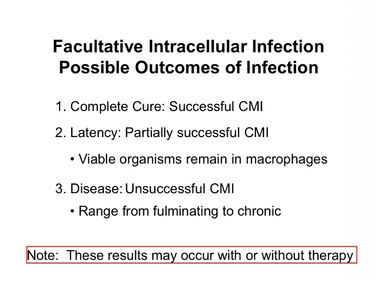 <p><strong><u>Phase of Infection</u></strong></p><ol><li><p><strong><u>Attachment to epithelial receptors:</u></strong></p></li></ol><ul><li><p>Same as extracellular</p></li></ul><ol start="2"><li><p><strong><u>Penetration of epithelium (endocytosis):</u></strong></p></li></ol><ul><li><p>Same as extracellular</p></li></ul><ol start="3"><li><p><strong><u>Acute inflammatory response</u></strong></p></li></ol><ul><li><p>Resists intracellular killing by neutrophils which die and release organisms</p></li></ul><ol start="4"><li><p><strong><u>Monocyte/Macrophage Involvement:</u></strong></p></li></ol><ul><li><p>May harbor organisms</p></li></ul><ol start="5"><li><p><strong><u>Efferent phase of immune response</u></strong></p></li></ol><ul><li><p>Cell mediated immunity or CMI (e.g., IFN gamma) Macrophage Activation</p></li></ul><p><strong>Facultative Intracellular Infection = Anti-infectives available but therapy generally less effective</strong></p><p></p>