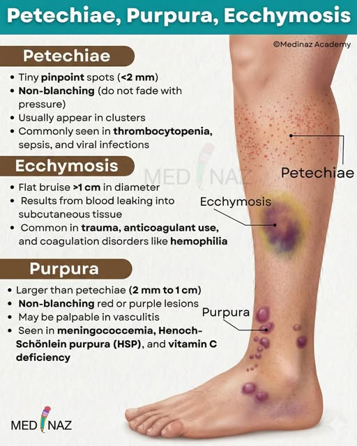 <p>Small, red or purple pinpoint spots on the skin caused by tiny bleeding under the skin.</p>