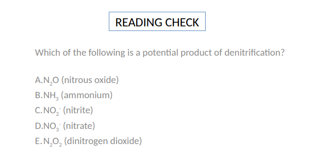 <p>Which of the following is a potential product of denitrification?</p>