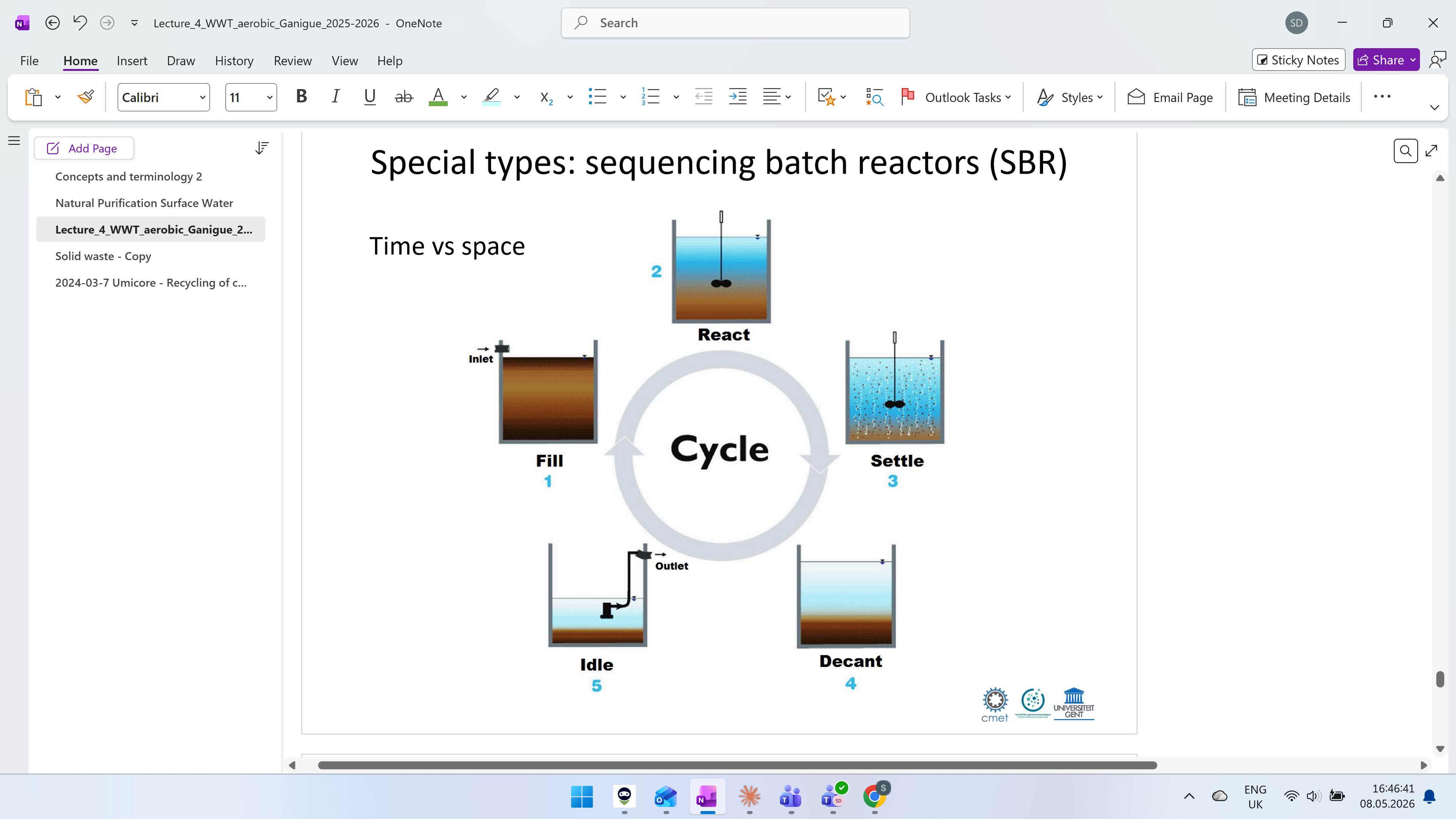 <p>different processes happen in <strong>the same tank at different times</strong></p><p><strong>1. Fill</strong> — wastewater enters the tank</p><p class="font-claude-response-body break-words whitespace-normal leading-[1.7]"><strong>2. React</strong> — air is pumped in, bacteria break down the organic matter (like a normal aeration tank)</p><p class="font-claude-response-body break-words whitespace-normal leading-[1.7]"><strong>3. Settle</strong> — aeration stops, sludge sinks to the bottom, clean water rises to the top</p><p class="font-claude-response-body break-words whitespace-normal leading-[1.7]"><strong>4. Decant</strong> — the clean water at the top is removed through an outlet</p><p class="font-claude-response-body break-words whitespace-normal leading-[1.7]"><strong>5. Idle</strong> — tank waits until the next batch arrives, excess sludge can be wasted here</p><p class="font-claude-response-body break-words whitespace-normal leading-[1.7]"></p><p class="font-claude-response-body break-words whitespace-normal leading-[1.7]">Advantages:</p><ul><li><p class="font-claude-response-body break-words whitespace-normal leading-[1.7]">Potential limited CAPEX (cheaper to build)</p></li><li><p class="font-claude-response-body break-words whitespace-normal leading-[1.7]">Minimal footprint</p></li><li><p class="font-claude-response-body break-words whitespace-normal leading-[1.7]">Operating flexibility and control - You can easily <span><strong>adjust the cycle</strong></span> just by changing the timing, without building anything new.</p></li></ul><p class="font-claude-response-body break-words whitespace-normal leading-[1.7]">Disadvantages: </p><ul><li><p class="font-claude-response-body break-words whitespace-normal leading-[1.7]">Complexity and more labor-intensive maintenance </p></li><li><p class="font-claude-response-body break-words whitespace-normal leading-[1.7]">Potential sludge discharge during draw phase - During decanting (step 4), if the outlet is placed incorrectly or sludge hasn't fully settled, <strong>sludge can accidentally get drawn out</strong></p></li></ul><p></p>