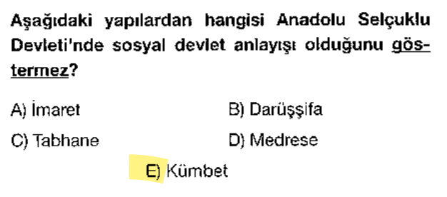 <p>İmaret (aşevi), darüşşifa (hastane) ve medrese halkın ücretsiz yararlandığı sosyal hizmet alanlarıdır. Kümbet ise anıt mezardır ve sosyal devlet hizmeti kapsamında değildir.</p>