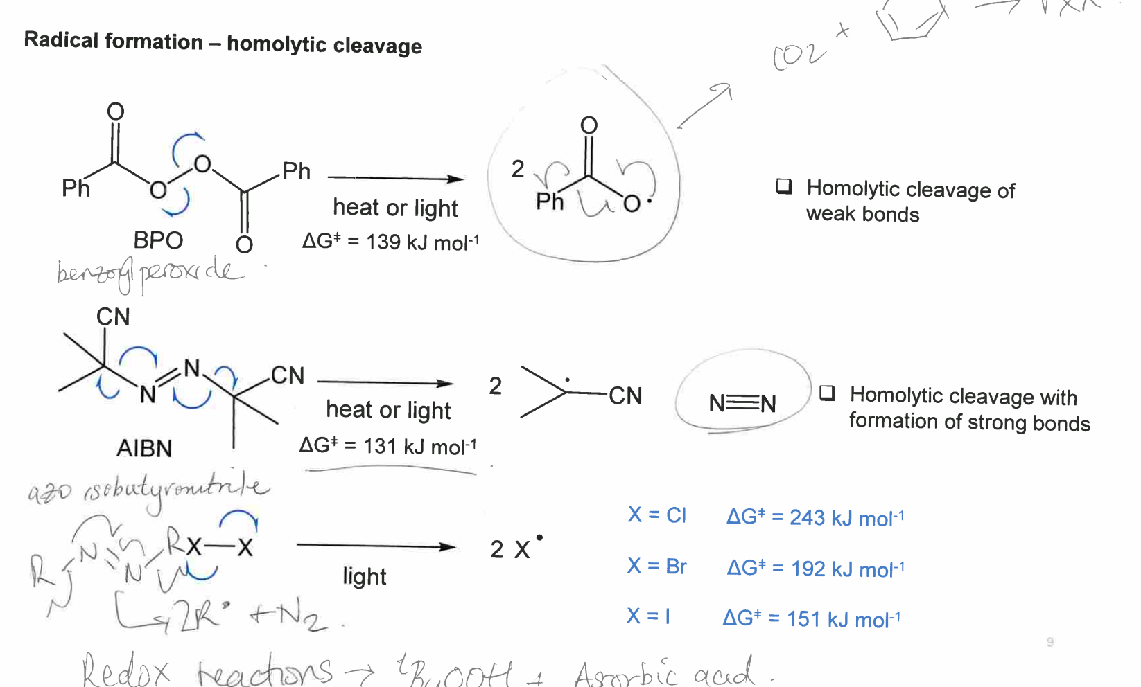 <p>It has a <strong>weak O–O bond</strong>, which breaks on heating/light to form <strong>benzoyloxy radicals (2 RO•).</strong></p>