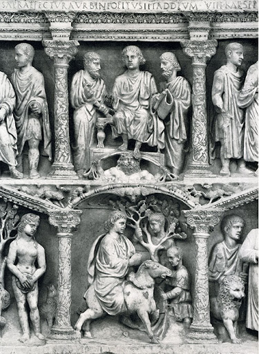 <p><span>some familiar twist on common Roman themes from the center top and bottom of the <strong>Bassus sarcophagus reliefs</strong>:</span></p>