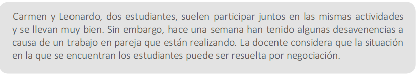 <p>40) <span style="font-family: Calibri;"><strong>¿Cuál de los siguientes compromisos <u>es necesario</u> que Carmen y Leonardo asuman para iniciar el proceso de negociación?</strong></span></p>