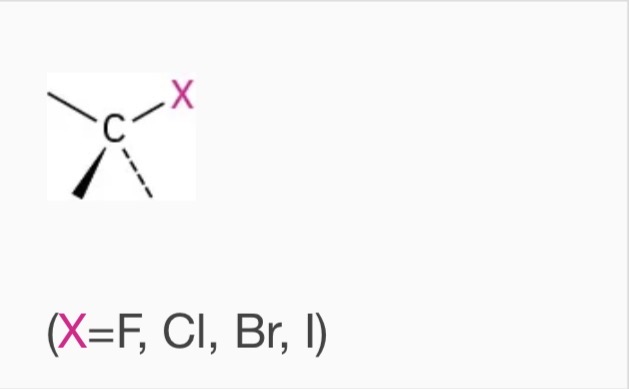 <p>Carbon attached go a halogen (F,Cl,Br,I)</p><p>Name ending: none</p><p>Ex: chloromethane</p>