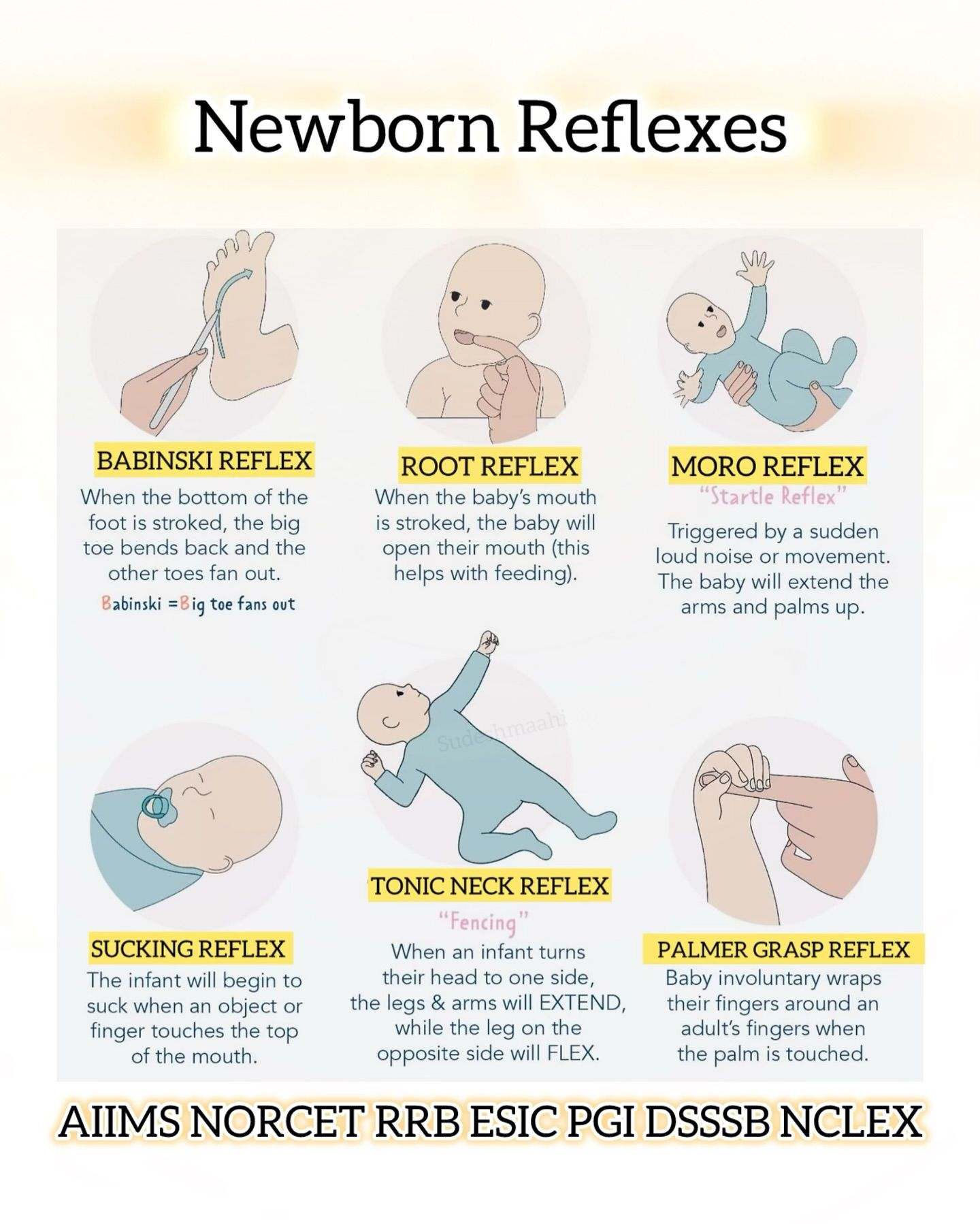 <ol><li><p><span style="color: rgb(208, 158, 62);"><strong>moro</strong></span><span style="color: rgb(13, 12, 11);"> (startle reflex)</span></p></li></ol><ul><li><p>“baby thinks they’re falling”</p></li></ul><ul><li><p><span style="color: rgb(208, 158, 62);">let head drop slightly → arms open wide </span><span style="color: rgb(13, 12, 9);">(good)</span></p></li></ul><ol start="2"><li><p><span style="color: rgb(49, 157, 18);"><strong>rooting</strong></span></p></li></ol><ul><li><p>“looking for food”</p></li></ul><ul><li><p><span style="color: rgb(49, 157, 18);">stroke cheek→ turns head toward touch</span></p></li></ul><p></p><ol start="3"><li><p><span style="color: rgb(23, 139, 235);"><strong>sucking </strong></span></p></li></ol><ul><li><p><span style="color: rgb(23, 139, 235);">something in mouth = suck</span></p></li></ul><ol start="4"><li><p><span style="color: rgb(100, 66, 197);"><strong>palmar grasp</strong></span></p></li></ol><ul><li><p><span style="color: rgb(100, 66, 197);">put finger in palm → baby grips tightly</span></p></li></ul><ol start="5"><li><p><span style="color: rgb(228, 98, 98);"><strong>Babinski</strong></span></p></li></ol><ul><li><p><span style="color: rgb(228, 98, 98);">stroke sole of foot from toe→ heel</span></p><ul><li><p><span style="color: rgb(228, 98, 98);">toes fan <strong>OUT</strong>=<strong>normal for baby</strong> but problem for > 2 y/o</span></p></li></ul></li></ul><ol start="6"><li><p><span style="color: rgb(33, 188, 194);"><strong>tonic neck</strong></span></p></li></ol><ul><li><p><span style="color: rgb(6, 6, 6);">“baby looks like a <strong>fencer</strong>”</span></p></li><li><p><span style="color: rgb(33, 188, 194);">baby looks one way and arm+leg points same way</span></p><ul><li><p><span style="color: rgb(33, 188, 194);">other arm+leg bends</span></p></li></ul></li></ul><ol start="7"><li><p><span style="color: rgb(244, 111, 233);"><strong>stepping</strong></span></p></li></ol><ul><li><p><span style="color: rgb(244, 111, 233);">hold <strong>upright </strong>→ feet make stepping motions</span></p></li></ul><p></p><p></p><p></p>
