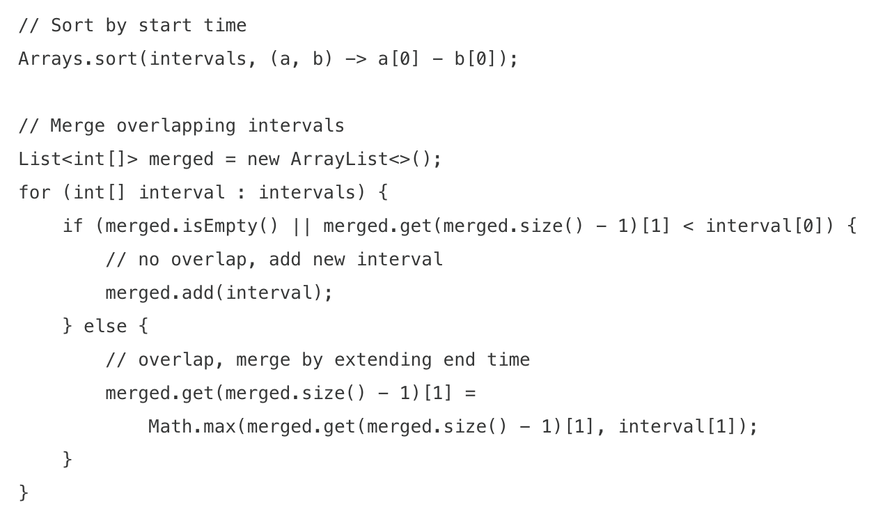 <ul><li><p>handles problems involving intervals that may overlap. key insight is that after sorting by start time, two intervals [a, b] and [c, d] overlap if b >= c</p></li><li><p>when to use</p><ul><li><p>merging overlapping intervals</p></li><li><p>finding interval intersections</p></li><li><p>scheduling problems (meeting rooms)</p></li><li><p>inserting into sorted intervals</p></li></ul></li></ul><img src="https://assets.knowt.com/user-attachments/6205e93b-ea4f-4a13-b4cc-fd5da8271cf4.png" data-width="100%" data-align="center"><p></p>