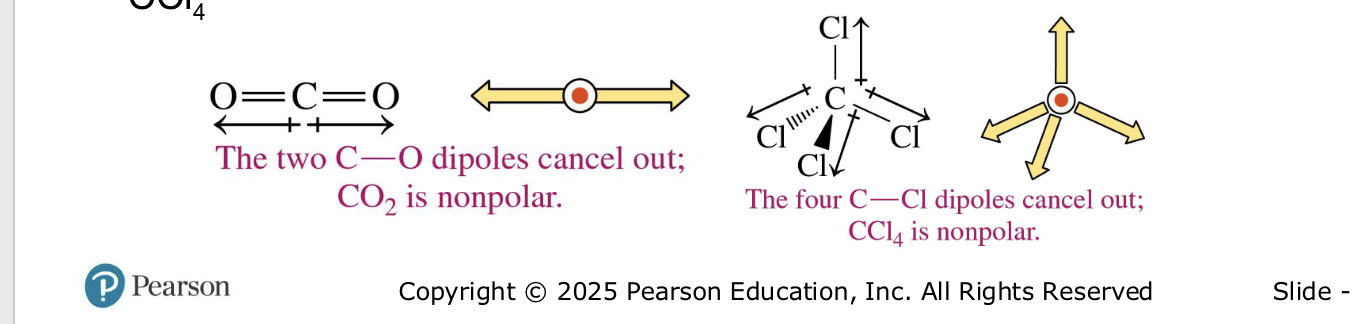 <ul><li><p>H2, Cl2, O2 —> nonpolar</p></li><li><p>polarbonds can be nonpolar if <strong>they cancel each other out in symmetrical arrangement </strong>(CO2, CCl4)</p></li><li><p>electrons shared equal </p></li></ul><p></p>
