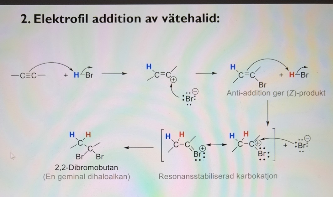 <p>triple bond breaks one attaches to Br and an H</p><p></p><p>and the other also to a Br and an H</p><p></p>
