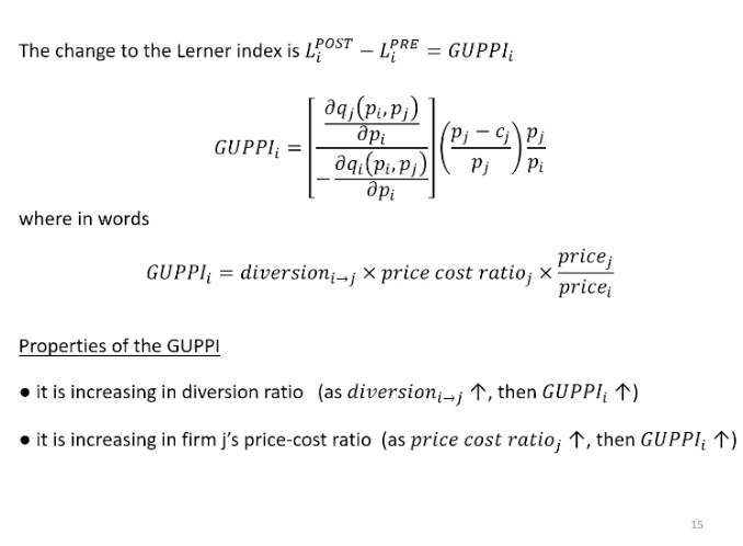 <p>Calculate the change in the Lerner index. We get the GUPPI for firm I or product I.</p><p>&nbsp;</p><p>It some of the diversion parameter, as the denominator is telling us the extent to which firm I demand goes down because of an increase in its price and the numerator tells us the extent which firm J demand is going up due to the increase in firms I prices</p><p>&nbsp;</p><p>Doing this calculation, we can now see that the GUPPI firm I is telling us how much the Lerner index is going to change post merger</p><p>&nbsp;</p><p>Properties</p><ul><li><p><span>Diversion ratio is higher, the GUPPI for firm I is higher. When the price of product I increase and leads greater proportion of demand that will leave product I and join product j this means that there is a greater incentive for the merger entity ti0set higher price for product I. because the firm will loss less from raising the price as the consumers that is loses a lot of them will go to product j and not lose much profit from this</span></p></li><li><p><span>Increasing the price cost ratio of product j all other things being equal, this happens when it increase its price for product I some of the consumers are going to be switching away to product j and so when the price cost ratio for product j is quite high the merged entity is less worried about losing consumer from product I t product j, more willing to set a higher price.</span></p></li></ul><p></p>